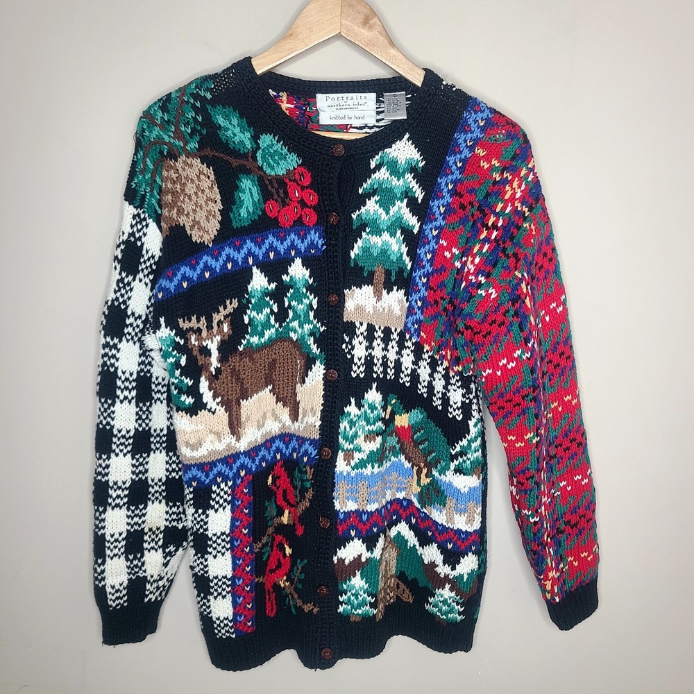 Vtg Portraits Northern Isles Hand Knit Chunky Cardigan Grandma Forest Animals L